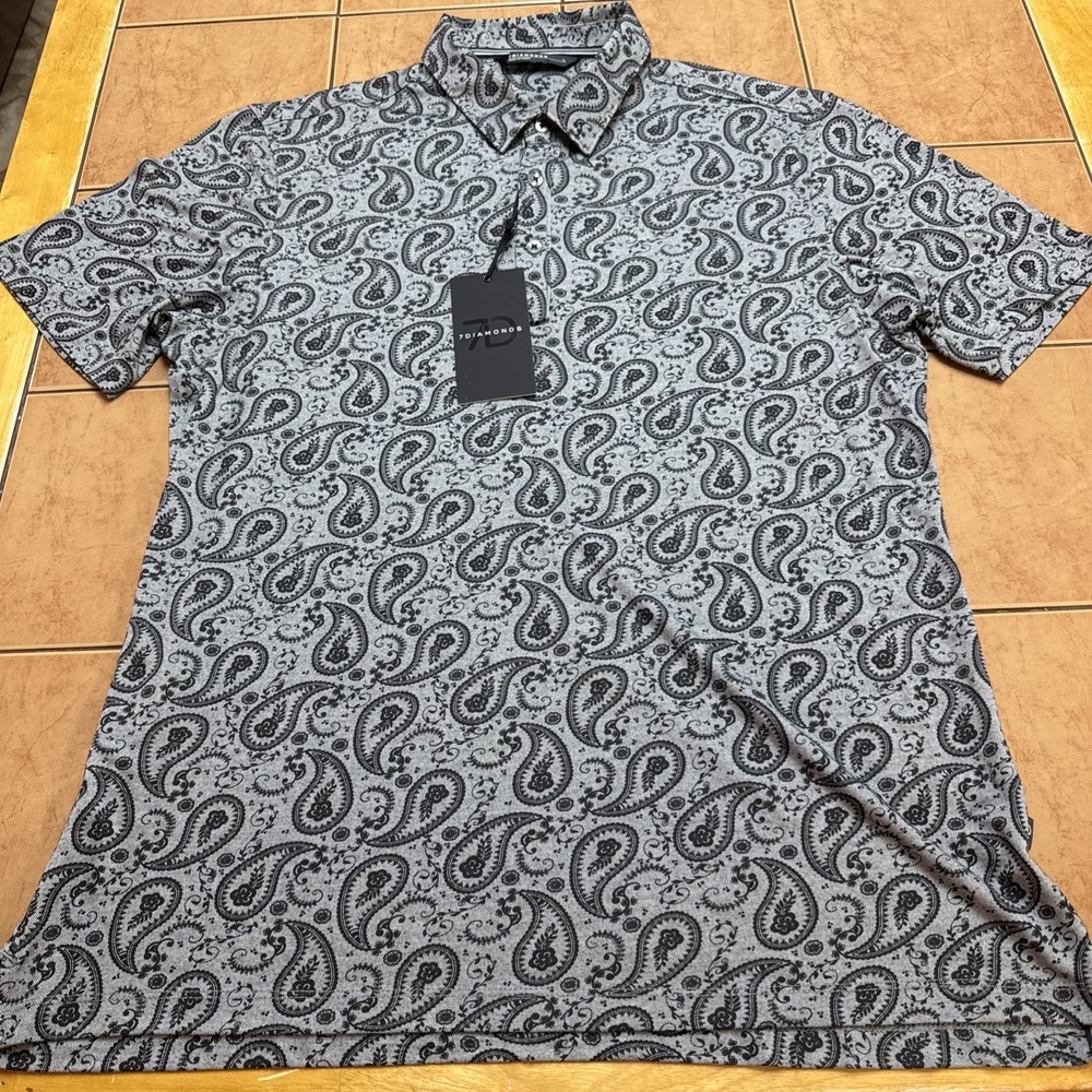 7 Diamonds Palmer Gray Paisley Pima Cotton 4 Way Stretch Polo Shirt Sz Large NWT